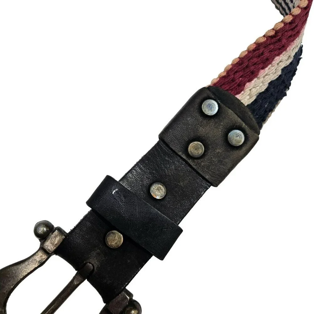 Vintage Leather‎ & Woven Fabric Belt With metal Buckle sz 34 red white blue